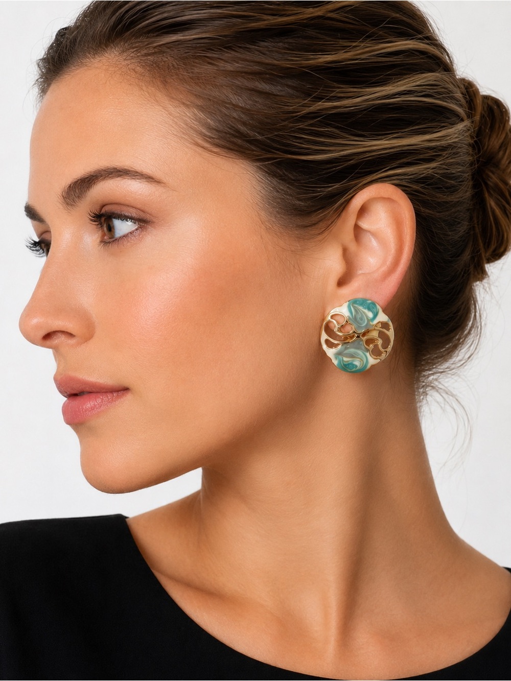 Vintage Gold Tone Teal Creme Enamel Swirl Clip On Earrings Statement‎ Round